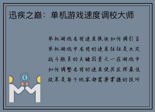 迅疾之巅：单机游戏速度调校大师